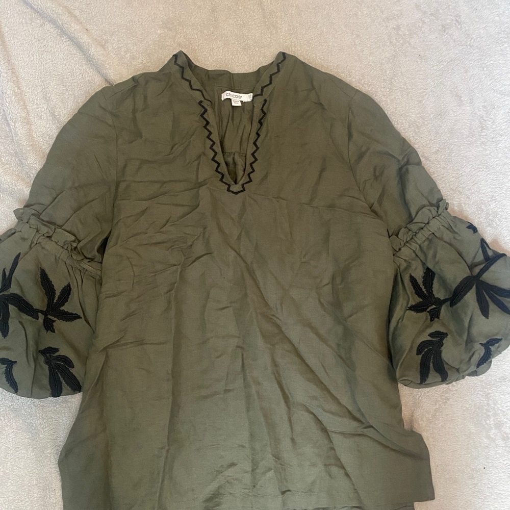 Chico's Olive Blouse with Black Embroidery